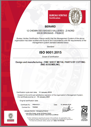 BERARD - Certification Qualité ISO 9001
