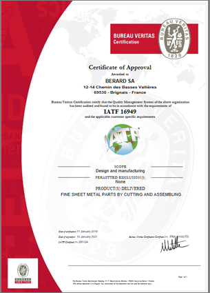 BERARD - Certificat Qualité IATF 16949
