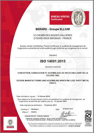 BERARD - Certificat ISO 14001